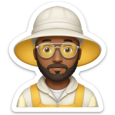 black male bee keeper with beard, white hat and yellow glasses, white outfit,  sticker