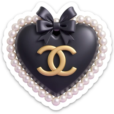 Add a black bow to the heart with pearls and gold Chanel logo, keep it elegant, glossy, black and white, 3D emoji style. sticker