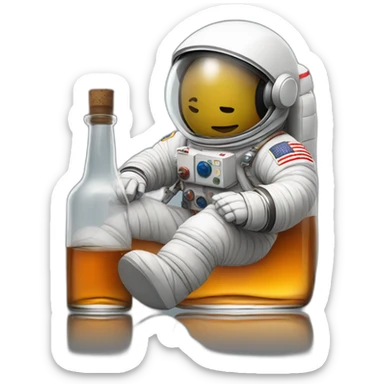 Astronaut with helmet closed floating on a whiskey bottle sticker