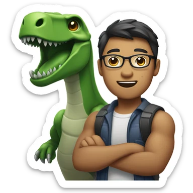 A muscular Asian male engineering student with darker skin tone, wearing glasses, holding a dinosaur in his arms. sticker