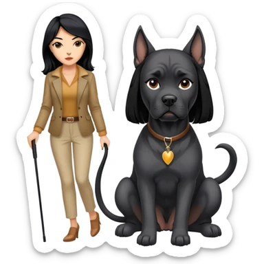 Stylish woman with long black hair and a black Cane Corso dog with cropped ears sticker