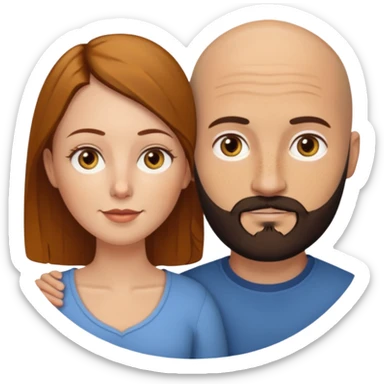 Couple. Bald man with dark brown-black beard. White woman with many small, faded freckles, white skin and she has auburn-yellow-brown-caramel, dark hair. She has light yellow-brown eyes. The man have hazel eyes. They are inside a big heart. sticker