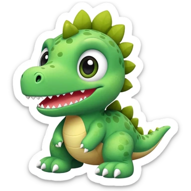 A green plush toy dinosaur with big eyes and a cute smile sticker