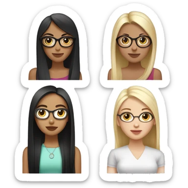 four girlfriends one with black straight hair with white skin arab, the second asian with black straight hair that shimmers into blond, the third asian with brown straight hair, the fourth russian with glasses with brown straight hair sticker