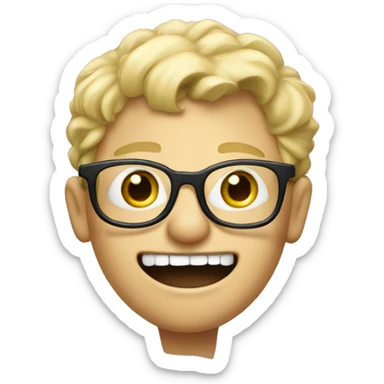 A blond young boy with glasse and a very big mouth and a 3 days barb sticker