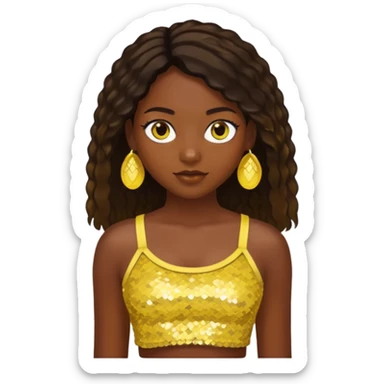 Sasha from Bratz with long dark brown hair, dark skin, hazel eyes, yellow sequin crop top sticker