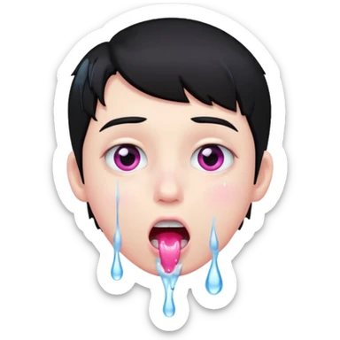 Boy with black hair, pink eyes rolled back, mouth open , water drop dripping from lips sticker