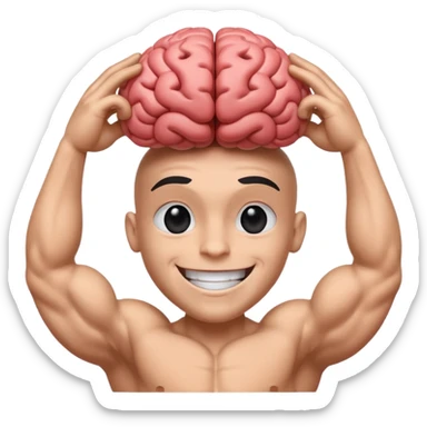 Un cerveau avec un immense sourire blanc, de beaux yeux noirs et de gros bras musclés qui sortent du cerveau sticker