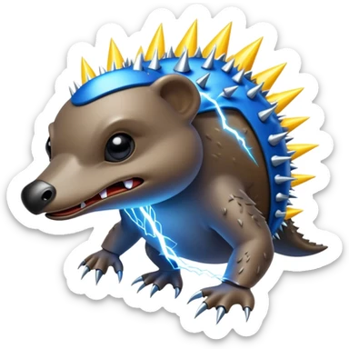 a fantastical dangerous and spooky electric platypus merged with a hedgehog with sharp teeth, metal electric spikes, and strong fangs, electricity and lightning coming, menacing look, yellow and blue lightning bolts sticker