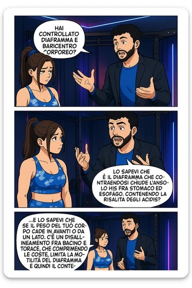 TRASFORMA QUESTO CAROSELLO IN UN FUMETTO STILE WEBTOON/MANGA A COLORI CON QUESTE DUE PERSONE IDENTICHE CHE INTERLOQUISCONO TRA LORO, L'uomo sta spiegando alla donna questo concetto:

LUI (UOMO): Hai controllato diaframma e baricentro corporeo?
LUI (UOMO): Lo sapevi che è il diaframma che contraendosi chiude l’angolo his fra stomaco ed esofago, contenendo la risalita degli acidi grassi?
LUI (UOMO): …e lo sapevi che se il peso del tuo corpo cade in avanti o da un lato, c’è un disallineamento fra bacino e torace, che comprimendo le coste, limita la motilità del diaframma e quindi il contenimento del reflusso? sticker