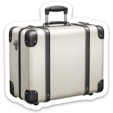 white suitcase with metal ribs and handle on wheels sticker