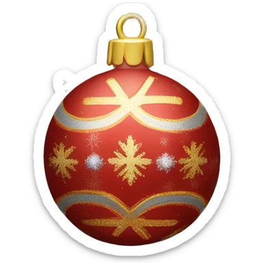 Create a smiley face of a Christmas tree toy in the form of a ball with patterns of snowflakes or stripes. The color of the ball is gold, red or silver to match the Christmas theme sticker