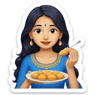 a pretty tan indian bratz girl with wavy long BLACK hair. eyeliner on, wearing a blue kurti, eating golgappa. NO SPOON sticker