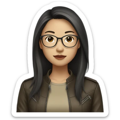 asian girl with glasses and a leather jacket with a  khaki shirt and long dark hair sticker