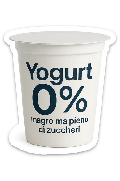 confezione di Yogurt 0% con la scritta "Yogurt 0% magro ma pieno di zuccheri" sull'etichetta sticker