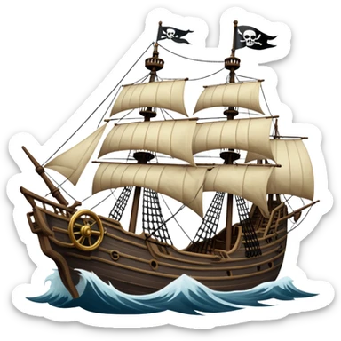 An icon representing an adventure game, inspired by high-seas exploration. The design features a fearless pirate gripping the wheel of a grand sailing ship, its tattered Jolly Roger flag billowing as it cuts through stormy waters. The scene evokes danger, treasure, and the thrill of the open sea. Transparent background. sticker