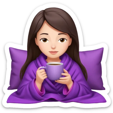 girl brunette inside a violet blanket sipping coffee from pink mug eyes closed sticker