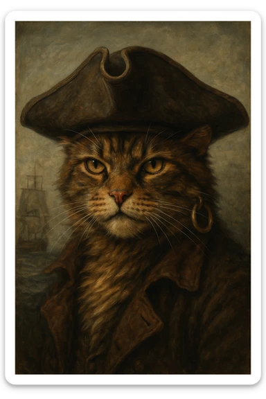 pirate cat, realistic fur, tricorn hat, gold earring sticker