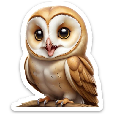 Cinematic Cute Yawning Barn Owl Portrait Emoji, Head tilted slightly with a dramatic, wide-open yawn, showcasing a soft, mottled plumage with subtle brown accents and gently drooping feathers, round amber eyes barely open in drowsy contentment, Simplified yet irresistibly adorable features, highly detailed, glowing with a soft, cozy glow, high shine, relaxed yet expressive, stylized with a touch of nocturnal whimsy, bright and endearing, soft glowing outline, capturing the essence of a sleepy yet affectionate owl, so drowsy it feels like it could glide out of the screen and curl up for a nap! sticker