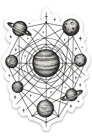 a design for an decorative black and white map, showing linework of galactic planets and a glalactic ley lines matrix map. black linework. proto-gothic "trashpolka" sticker