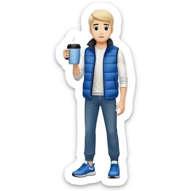 full body  man with white shirt and blue puffer vest and long straight jeans with black tennis shoes holding a coffee cup in front of him and nothing in his other hand sticker