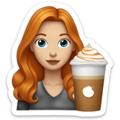 Ginger straight hair and blue eyes woman drinking a pumpkin spice latte  sticker