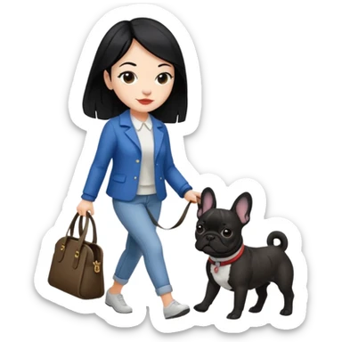 Mujer de pelo negro paseando un bulldog francés  sticker