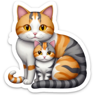 full body colourful light patched calico + white tabby cat cuddling a bigger cat that is dark grey and white tabby cat  and they are in love sticker