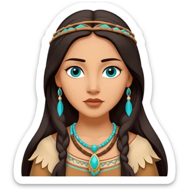 Cinematic Elegant Pocahontas Portrait Emoji, rendered in a realistic, vector-style with minimal shading and bold, simplified shapes. Depict Pocahontas (chest and above) with warm, sun-kissed skin, long, flowing dark hair, and gentle, wise eyes, wearing traditional attire in earthy tones with hints of turquoise. The image glows with a soft, natural radiance and high shine, embodying timeless indigenous beauty. sticker