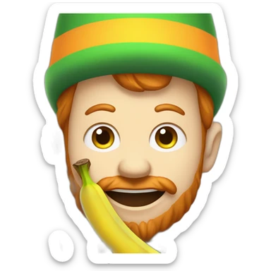 A leprechaun 🍀 who eats a (multi-colored) banana on a rainbow sticker