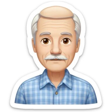 Man in his 70s with fair skin and gentle wrinkles. Long face with warm smile. Soft light brown eyes. Thin gray eyebrows. White goatee beard connected to mustache. Straight white hair combed back, longer on sides. Wearing a light blue and beige checkered button-up shirt. sticker
