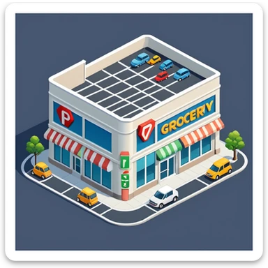 Isometric grocery store building with large windows, parking area, and store signage sticker