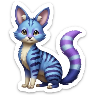 Blue-indigo-purple-violet-gradients divine beautiful elegant pretty precious cute young youthful  Fakémon-Pokémon-alien-opossum-feline-serval-caracal-chinchilla-Minccino-hybrid-creature with a big fluffy bushy striped tail (full body) sticker