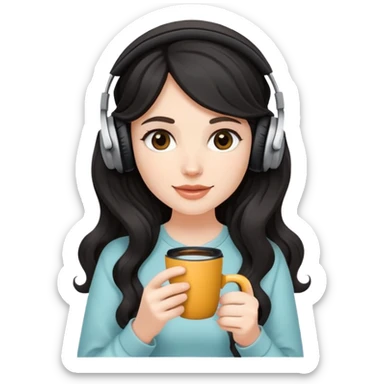 A white girl with black wavy long hair, wearing headphones on her head and holding coffee in her hand SHe has delicate facial features sticker