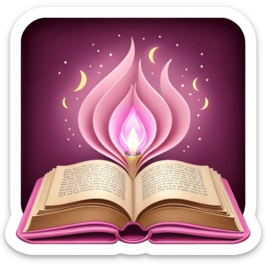 An open pink book with glowing light emerging from its pages, magical atmosphere, sticker