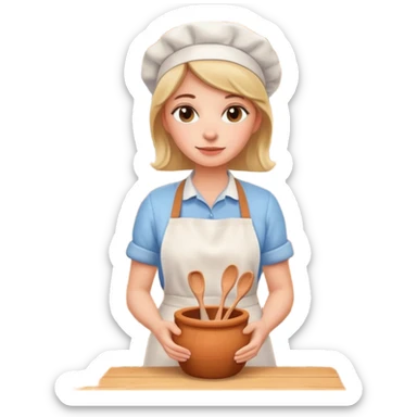 cartoon Apple iOS emoji style woman, pastel colors, Chilean wooden kitchen background, clay pots, warm light, detailed and clean vector art sticker
