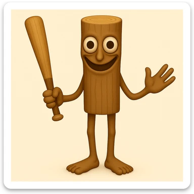 Make the stump character much skinnier and longer, with a face that is even creepier—large, wide, staring eyes and an exaggerated unsettling smile, closely matching the new reference image. Keep arms and legs, holding a baseball bat. Render in emoji style. sticker