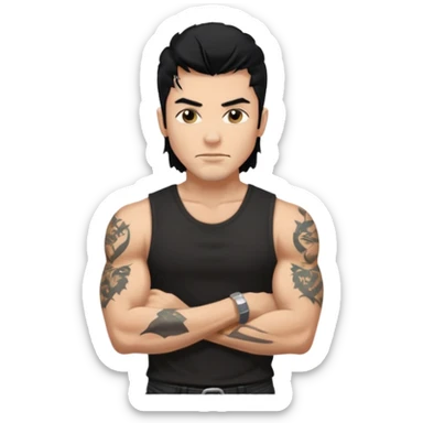 a guy with mullet and tattoos. Black hair.lean but Muscled. wearing a black sleeveless tee sticker