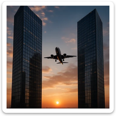 two skyscrapers and a plane that flyes to them, realism style, sunset sticker
