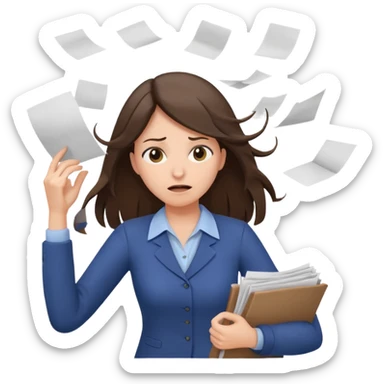 female teacher pulling her hair with stressed face, papers flying everywhere, brunette sticker