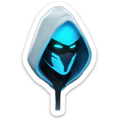 developer behind his laptop with this style : Riot Games Valorant neon blue eyes glowing bright blue character blue black hooded assassin themed character sticker