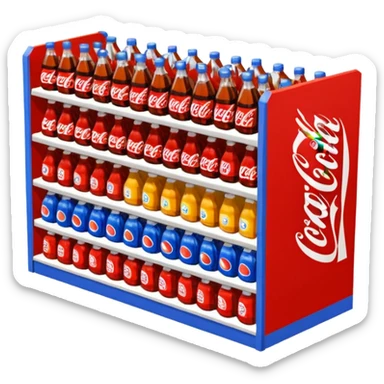 3D warehouse shelf with Coca-Cola, Pepsi, Fanta bottles and products, 
organized retail shelves, colorful product packages, store inventory, 
transparent background, emoji style, realistic, isometric view sticker
