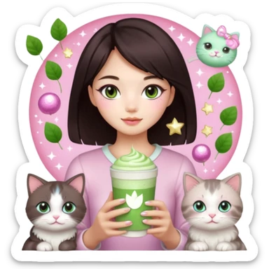 asian girl with shoart dark brown hair with a soft girl pink glowup aesthetic. matcha latte sparkles girly things, 2 ragdoll cats, skincare, makeup, money, luxury sticker