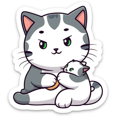 grey green eyed cat sitting on white skin brunette girl’s lap sticker