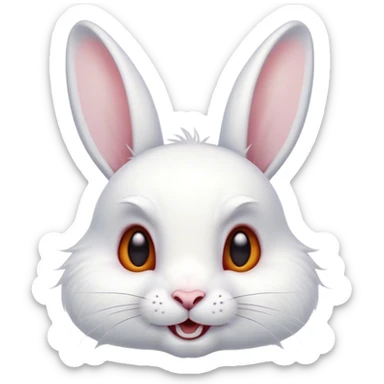Cinematic Comical White Rabbit Portrait Emoji, Head tilted dramatically with an exaggeratedly amused expression, featuring a pristine white fur with perky, expressive ears and wide, playful dark eyes filled with disbelief, Simplified yet hilariously expressive features, highly detailed, glowing with a slightly sassy glow, high shine, dramatic yet playful, stylized with an air of cheeky mischief, bright and endearing, soft glowing outline, capturing the essence of a spirited and over-the-top bunny, so meme-worthy it feels like it could side-eye its way into internet fame instantly! sticker