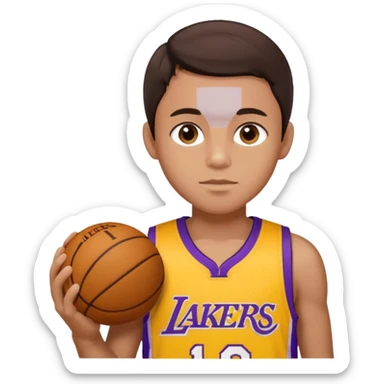 Boy with dark brown hair and Hazel eyes and a Lakers jersey sticker