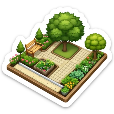 Icon for Landscape Design: a garden layout with trees, plants, pathways, and outdoor furniture, along with design tools like a ruler and sketchpad. The icon should represent the creativity and planning behind landscape design. Transparent background. sticker