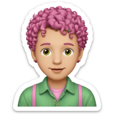 emoji of a young man with light skin, big brown eyes, soft smile with braces, full pink lips, curly hair, warm gaze, wearing a green buttoned-up shirt sticker