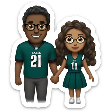 Brown guy and brown girl with glasses and hair in a bun in Philadelphia eagles clothes holding hands sticker