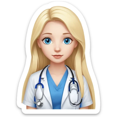 pretty woman with pale skin and who has BLUE eyes and very long blonde hair with a stethoscope around her nexk sticker